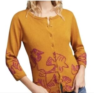 Anthropologie Field flower•Bird knit mustard yellow button-down cardigan.Size XS